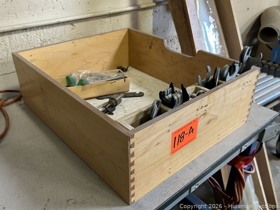 Wood Box w/ Assorted Router Wrenches & Parts