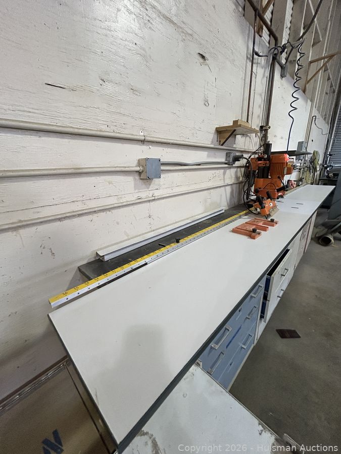 Blum MiniPress Hinge Boring Machine w/ Line Bore Attachment and Metricks Stop System (Cabinet Not Included)