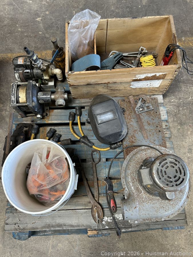 Pallet w/ Pumps, Welding Helmet, Testers & Blower Tools